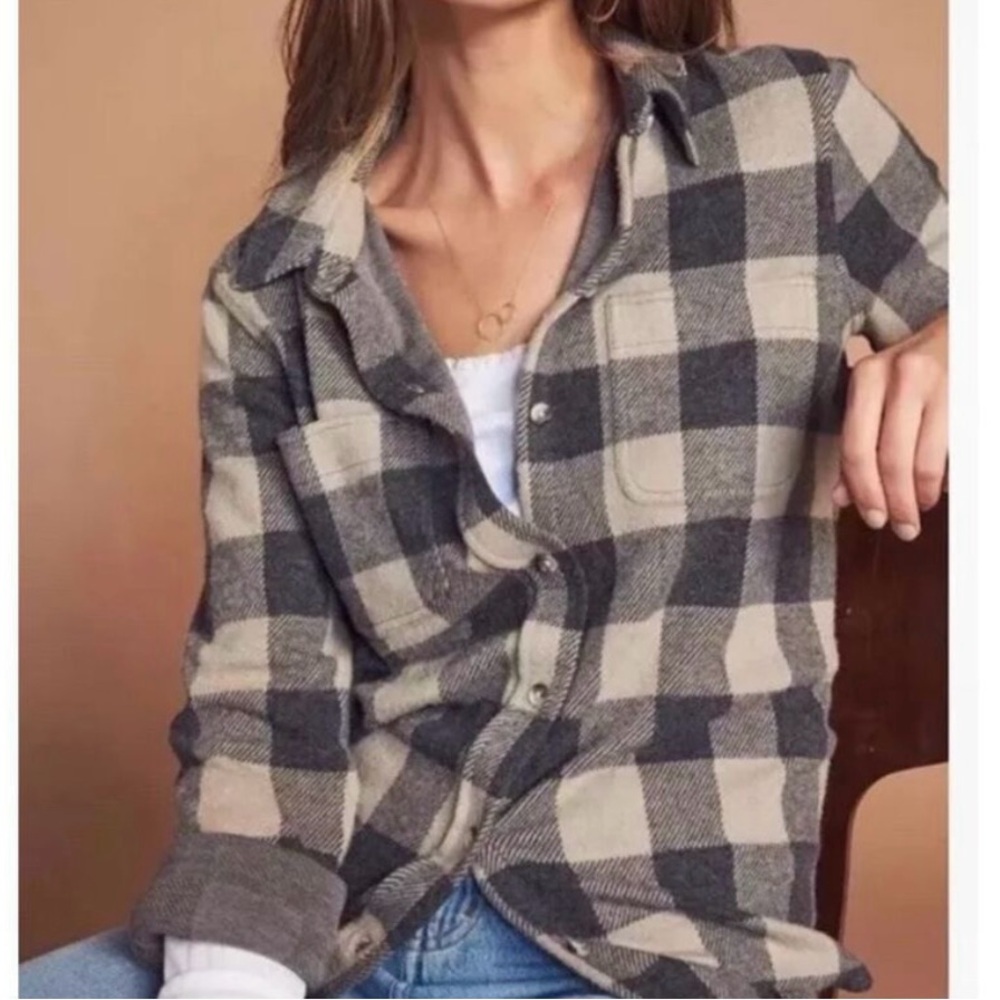 Faherty Brand Legend Tan Charcoal Buffalo Check Plaid Sweater Shirt size Large